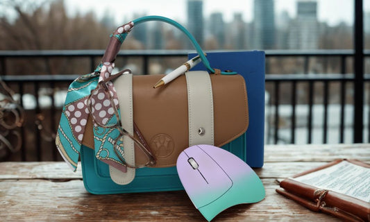 Waterloo Bags handbag with work essentials on a table representing creativity and teamwork